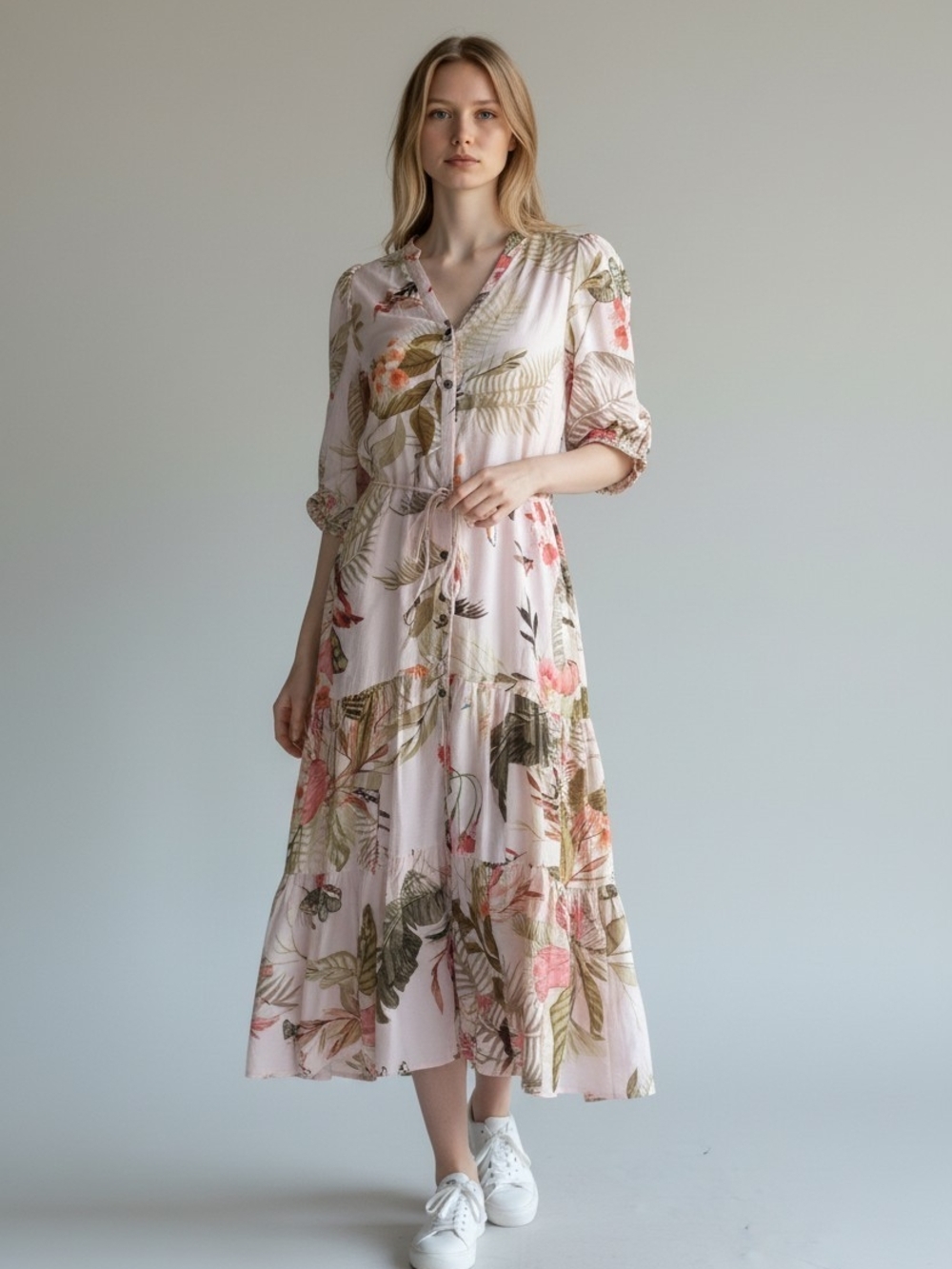 H&M Pink Floral Tiered Button-Front Maxi Dress